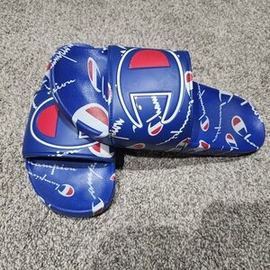 Champion Blue Slide Sandals with Red and White Logo Accents Mens Size 10